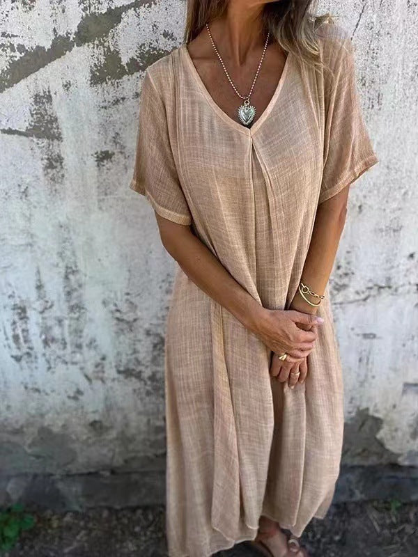 LINDA Loose V-neck cotton linen dress